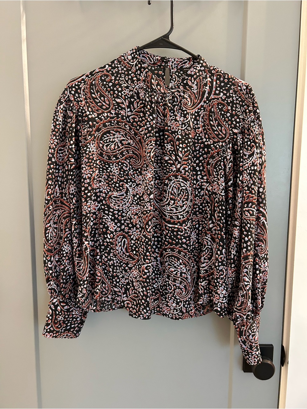 Banana Republic Black Paisley Long-Sleeve Blouse with Pink Accents